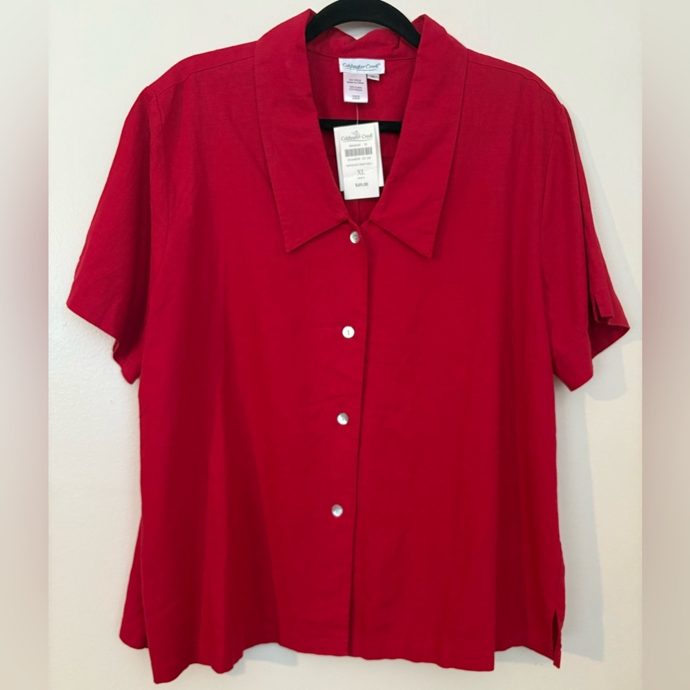 Coldwater Creek Red Linen-Blend Button Down Top, Size XL, NEW